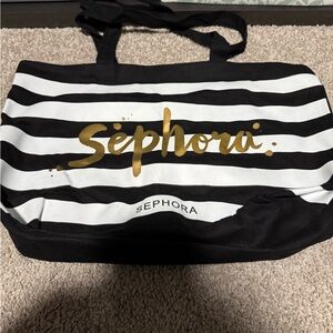 Sephora Black and White Striped Tote with Gold Script Logo